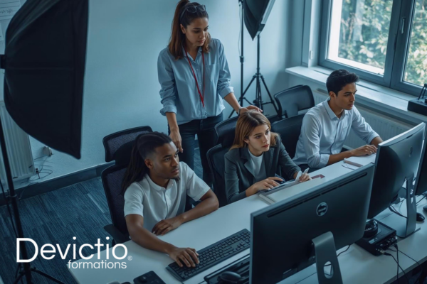 Travail en groupe pendant notre formation Créer sa chaine YouTube : création de scripts, formats de vidéos et stratégies Shorts.