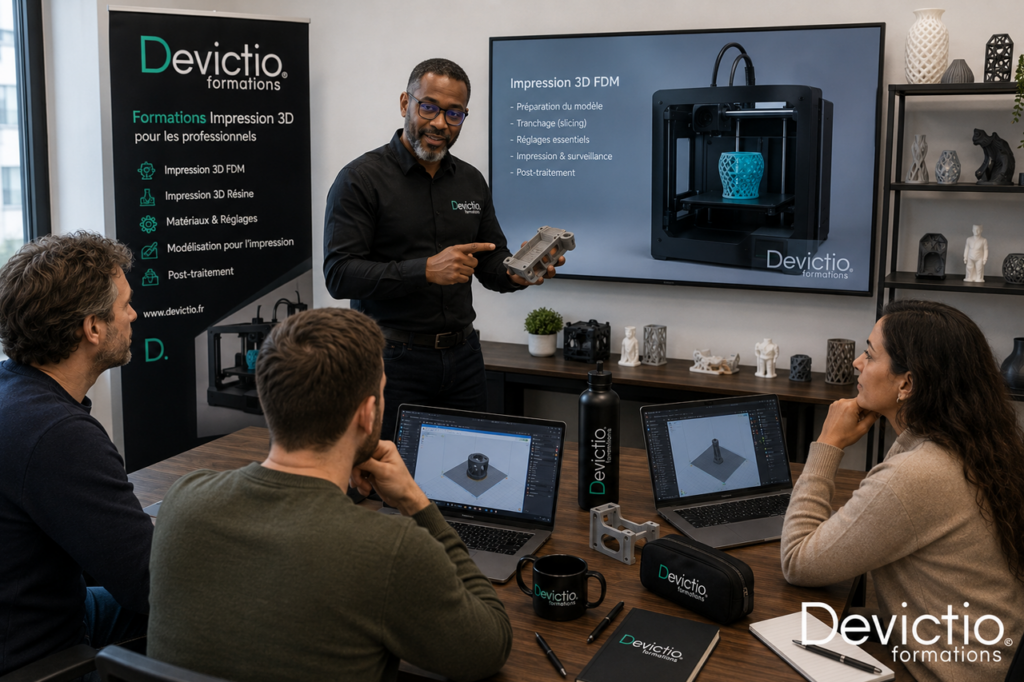Un salarié formé à l’impression 3D est plus à l’aise pour préparer ses modèles, choisir ses paramètres et comprendre l’origine d’un problème rencontré lors de la fabrication. Il peut également mieux prendre en compte les contraintes de matériaux, de tolérances, de supports et de temps d’impression dès la préparation de son projet. L’entreprise bénéficie ainsi d’un collaborateur plus autonome dans la conception et la réalisation de pièces imprimées en 3D.