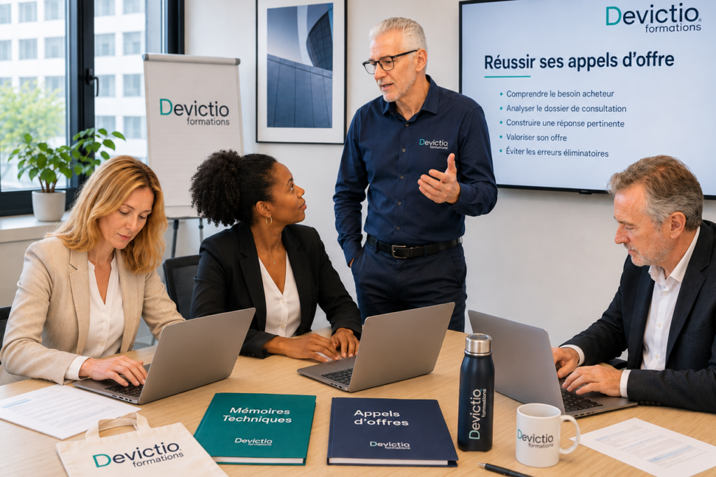 Une formation aux marchés publics aide l’entreprise à sélectionner les bonnes opportunités et à construire des réponses réellement compétitives. Les collaborateurs chargés des appels d’offres apprennent à mieux comprendre les critères d’évaluation, structurer leurs arguments et sécuriser leurs dossiers.