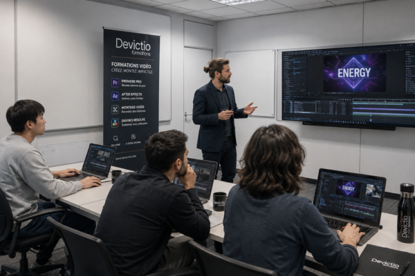 Une Formation Montage Vidéo & Motion Design en intra-entreprise permet de former plusieurs collaborateurs autour de méthodes et d’objectifs communs. Les exercices peuvent être davantage orientés vers les types de vidéos, les formats et les problématiques rencontrés par l’entreprise dans sa communication. Cette formule facilite ainsi le développement de compétences vidéo directement exploitables en interne.